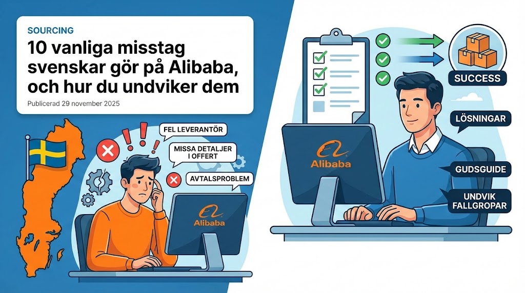 Svensk företagare som jämför leverantörer på Alibaba på en laptop