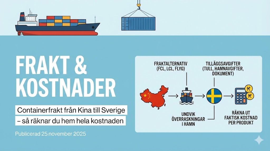 Containerfartyg på väg från Kina till Sverige i solnedgång